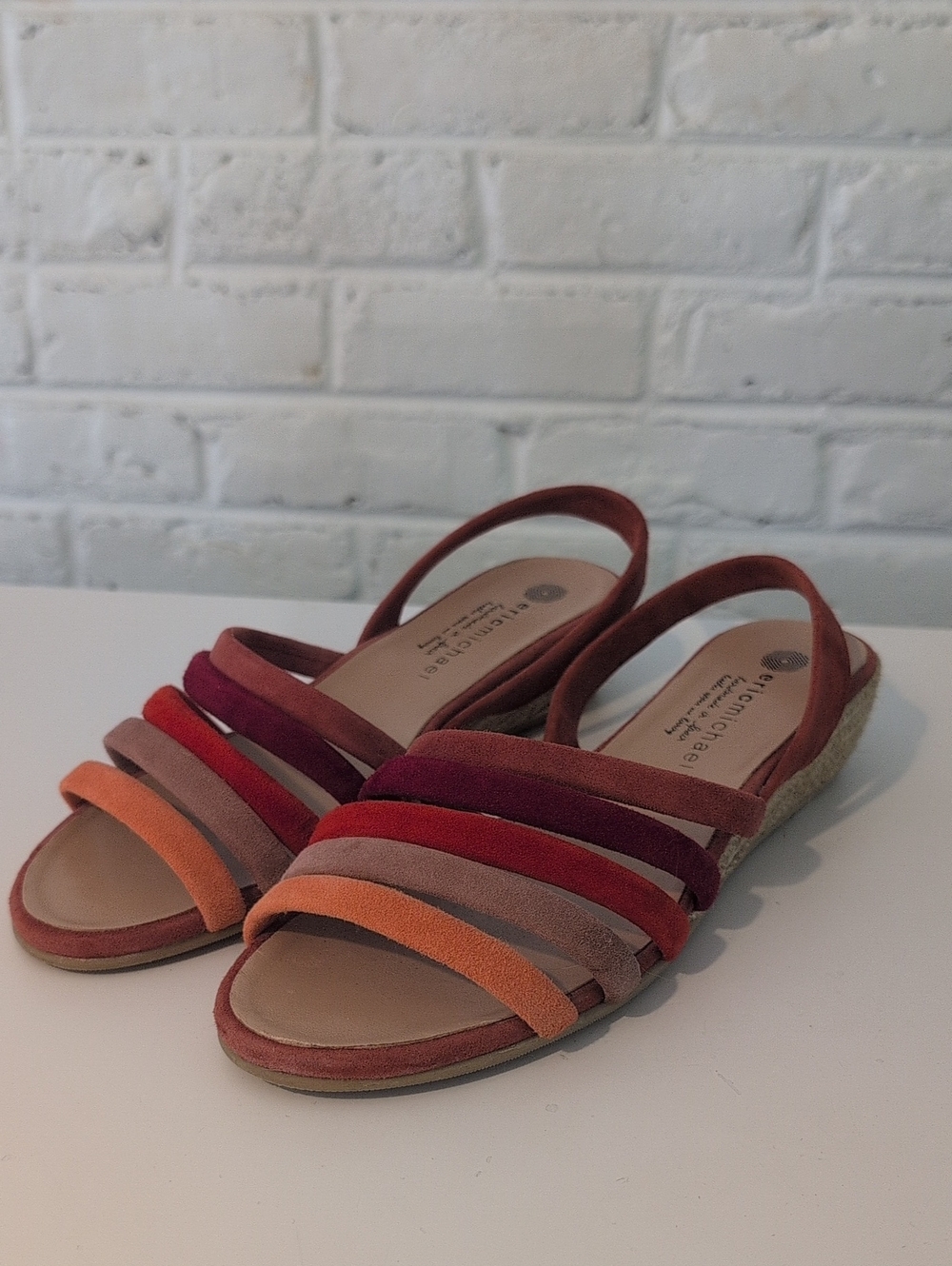 Eric Michael Multi-Stripe Suede Slingback Sandal in Orange and Red